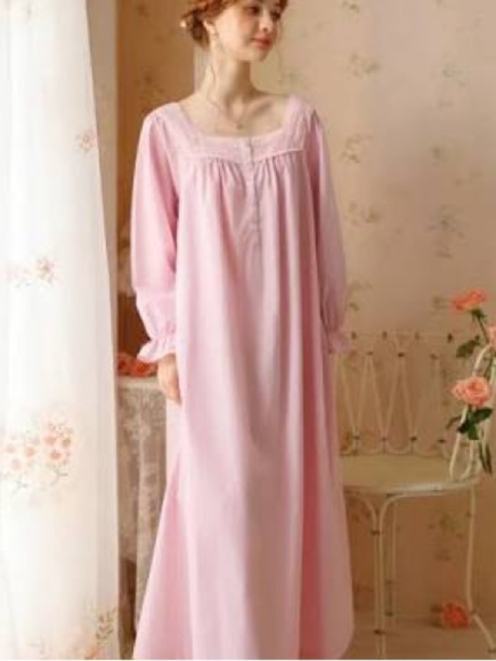 Character: 1X Women's Pink Long Nightgown - Soft Long Sleeve Sleep Dress